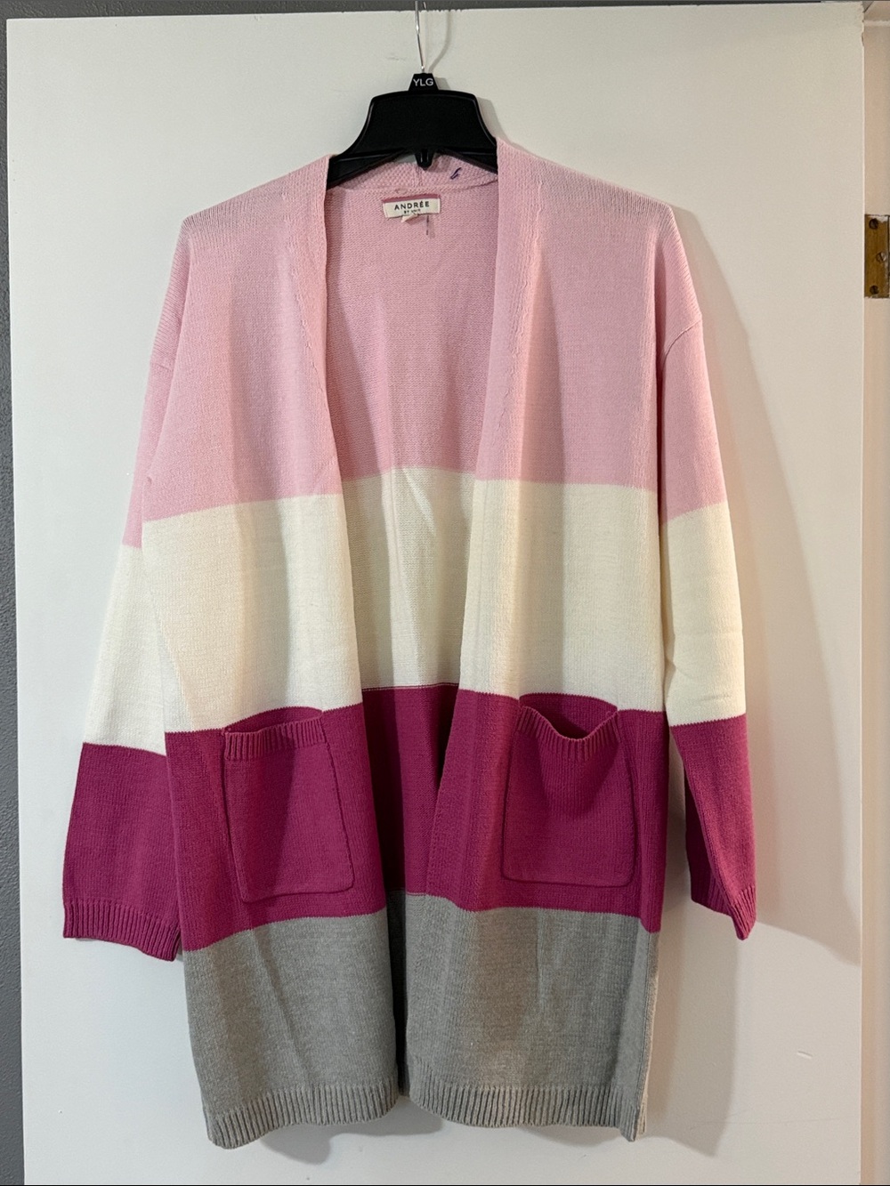 Andree Pink Cream Magenta Gray Colorblock Open Cardigan with Pockets